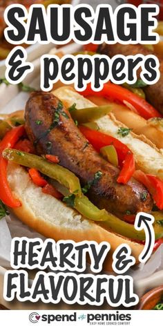 sausage and peppers on a plate with text overlay