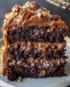 a piece of chocolate cake with pecans and nuts on top is sitting on a plate