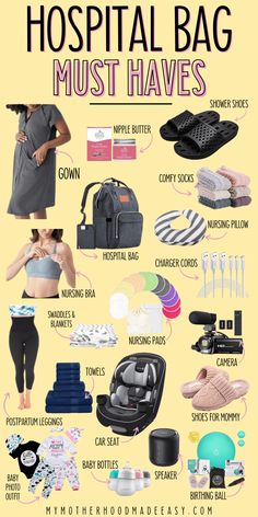 a poster with the words hospital bag must haves written on it and pictures of items