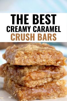 Closeup shot of delicious caramel crush bars stacked atop one another. Caramel Dessert, Caramel Desserts, Caramel Bars, Dessert Bar Recipe, Cookie Brownie Bars, Caramel Recipes, Cookie Bar Recipes, Baking Sweets, Melt In Your Mouth