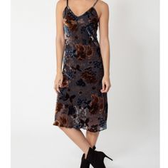 Lara Velvet Burnout Slip Dress Silk/Rayon Velvet Burnout Fully Lined Bias Cut Piping At Neck Adjustable Straps Midi Length Velvet Slip Midi Dress, Anthropologie Velvet Slip, Dark Floral Slip Dress, Velvet Burnout Dresses, Anthropologie Velvet Slip Dress, Flower Velvet Dress, Slip Dress Layering Velvet, Velvet Slip Dress Layering, Velvet Dress Pattern