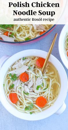 two bowls of chicken noodle soup with carrots and parsley on the side