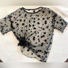 Shein Brand Sheer Black Shirt With Black Velvet Textured Stars In A Size Small. Never Worn, Tags Were Removed And Washed. It Is A Size Small But It’s Generous In Size, I’m A Size Medium And It Fits Me As Well. Thanks For Looking :) Celestial Grunge, Daycare Worker, Moon Oc, Sheer Black Shirt, Black Stars, Summer Dress Outfits, Shein Tops, Star Shirt, Black Star