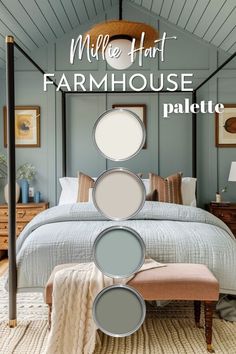 a bedroom with blue walls and white bedding, the words mille hart farmhouse house painted on it