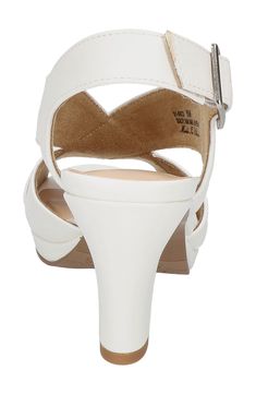 Crossover straps secure your foot in a stylish sandal featuring glittery fabric, a cone-shaped heel and a dainty peep toe. 2 1/4" heel Synthetic upper and lining/rubber sole Imported Synthetic Open Toe Heels With Heel Strap, Open Toe Heels With Heel Strap, Fitted Open Toe Slingback Sandals With Padded Heel, Open Toe Heels With Removable Insole, Adjustable Synthetic Heels With Wrapped Heel, White Adjustable Synthetic Heels, Adjustable White Synthetic Heels, Adjustable Open Toe Heels With Padded Heel, Fitted Synthetic Heels With Heel Strap