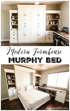 two pictures with the words modern farmhouse murphy bed in black and white, and an image of