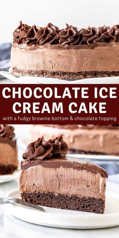 chocolate ice cream cake on a white plate with the text overlay reads chocolate ice cream cake