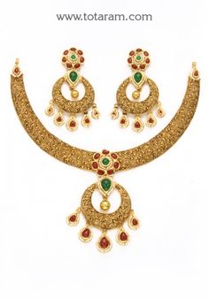 22K Gold Antique Necklace & Drop Earrings Set With Fancy Stones - 235-GS2990 in 65.000 Grams Gold Antique Necklace, Uncut Diamond Necklace, Baguette Diamond Necklace, Pakistani Jewellery, Temple Jewelry Necklace, Antique Necklaces, Necklace Set Indian, 22k Gold Jewelry, Jewelry Designing