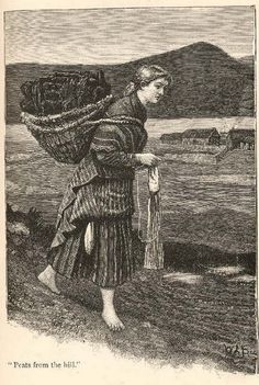 an old illustration of a woman walking on the beach with a large bag over her shoulder