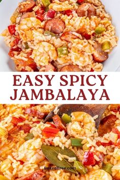 an easy and tasty jambaalaya rice dish is ready to be eaten