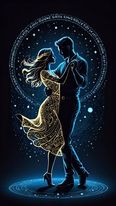 a man and woman dancing in the dark with stars around them on a black background