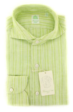 eBay Store About Us Feedback Add Us to Favorite Seller Finamore Napoli shirts ALL Shirts ALL Finamore Napoli INVENTORY New $375 Finamore Napoli Light Green Shirt - Extra Slim - 16/41 - (K181811) if you have any questions about this item please contact us General Info Our Item Number: FN-M-TOKYO-80264-03-SIMONE-Z Retail Price: $375 Brand: Finamore Napoli Condition: New Fit: Extra Slim Made In: Italy Fabric Info Color: Light Green Pattern: Striped Pattern Color: White Fabric Content: 100% Linen Fa Designer Fitted Shirt For Summer, Designer Fitted Summer Shirt, Classic Green Dress Shirt For Summer, Green Collared Dress Shirt For Summer, Spring Green Cotton Dress Shirt, Designer Green Cotton Tops, Designer Green Cotton Shirt, Green Slim Fit Collared Shirt, Vintage Khaki Shirt With Pockets