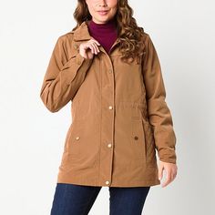 This St. John's Bay women's lightweight anorak is a stylish and practical wardrobe essential for the cooler months. It's crafted from a lightweight woolen fabric and features a classic-fit, a spread collar, long sleeves, two front slip pockets, a snap-button and zipper closure down the front, and a removable hood for added protection from the elements. Features: Removable HoodClosure Type: Snap & ZipperFit: Classic FitNeckline: Hooded NeckPockets: 2 Front Slip PocketsSleeve Length: Long SleeveWa Versatile Winter Windbreaker With Pockets, Winter Utility Jacket Versatile Style, Versatile Fall Windbreaker With Pockets, Versatile Windbreaker With Pockets For Fall, Fall Travel Utility Windbreaker, Versatile Hooded Outerwear With Pockets, Functional Winter Outerwear For Everyday, Functional Fall Outerwear For Everyday, Functional Winter Everyday Outerwear