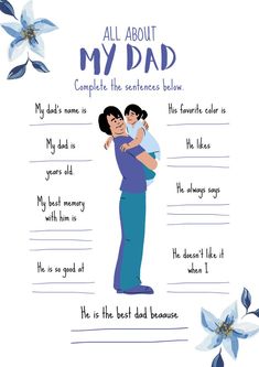 an illustrated card with the words all about my dad on it and two people hugging each other