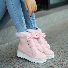 Lasaky - High-Quality Snow Boots in White and Pink with Thick Fleece Lining, Available in Various Sizes, Equipped with Lacing System - Perfect for Winter Trendy Pink Winter Boots, Pink Round Toe Boots For Winter, Fluffy Casual Winter Boots, Casual Fluffy Winter Boots, Cute Lace-up Winter Boots, Pink Boots For Outdoor Fall Activities, Casual Fluffy Boots With Round Toe, Cute Outdoor Winter Boots, Cute Winter Outdoor Boots