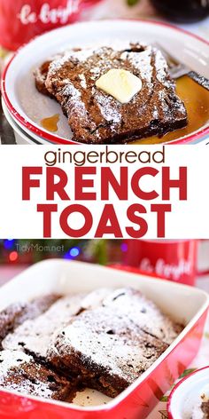 gingerbread french toast with powdered sugar on top in a red casserole dish