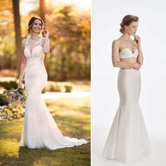 two photos of brides in white dresses and one is wearing a strapless wedding dress