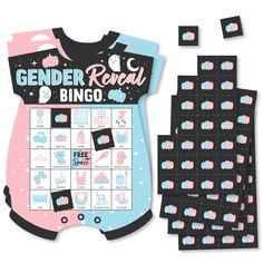 the gender reveal baby shower game is shown next to it's matching pink and blue onesuits