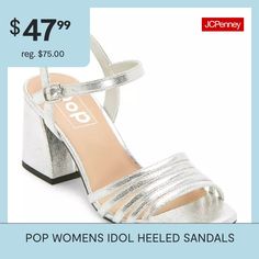 These Pop women's Idol heeled sandals are a glam effortless style you can wear to a cocktail party or dinner with friends. Featuring a silver-tone strappy open-toe design, this pair has a high block heel and an ankle strap closure. Wear them with skinny jeans and a blouse or a cocktail dress.Closure Type: BuckleShoe Heel Height: 2 1/2 InchesUpper/Outer Base Material: 100% PolyesterSole Material Content: 60% Polyester, 40% PolyurethaneToe Type: Open Toe, Square ToeShoe Strap Type: Ankle StrapHee… Glamorous Summer Heels With Heel Strap, Synthetic Open Toe Sandals For Party Season, Open Toe Synthetic Sandals For Party Season, Glamorous Heel Strap Sandals For Summer, Trendy Open Toe Sandals For Party Season, Glamorous Summer Sandals With Heel Strap, Open Toe Sandals For Party Season, Party Season Sandals With 4-inch Block Heel, Heel Strap Sandals For Party Season