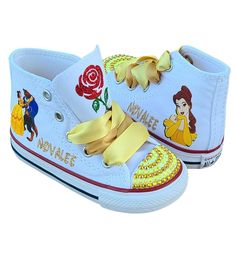 "Just as shown but with your little ones name on the sides in gold glitter. If you want any changes at all, just let me know in the \"notes to seller\" box during check out." Beauty And The Beast Custom Shoes, Quinceañera Shoes, Beauty And The Beast Shoes, Comic Book Shoes, Bella Disney, Beauty And Beast Birthday, Beauty And Beast Wedding, Crochet Baby Projects, Custom Wedding Shoes