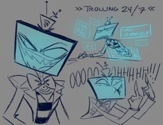 a drawing of a cartoon character holding a computer monitor and pointing at something on the screen