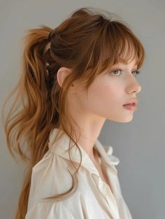 30 Charming Ponytails with Bangs: A 2024 Style Guide Feather Bangs, Ponytails With Bangs, Messy Ponytail Hairstyles, Straight Across Bangs, Bangs Ponytail, High Ponytail Hairstyles, Bangs For Round Face, Face Framing Bangs, Braided Bangs