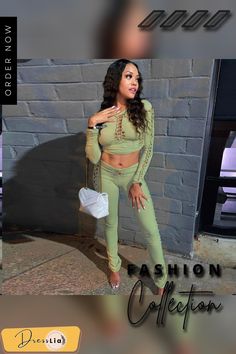 Cut Out Long Sleeve Crop Tops Skinny Pants Set Casual Stretch Sets With High-waisted Pants, Casual High Waist Fall Sets, Casual High Waist Sets For Fall, Casual Party Sets With High-waisted Pants, Casual Leggings For Summer Nights Out, Casual Summer Leggings For Night Out, Casual Green Pants For Night Out, Casual High Waist Sets For Night Out, Casual High-waisted Outfit Sets For Night Out