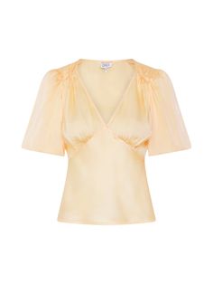 Cressida is a take on our bestselling Rosie dress. She has the same puff sleeve and gathered bust detail but with all the charm of your favourite blouse. Crafted in 100% recycled polyester with a satin sheen Cressida is designed in a dreamy shade of butter yellow. Feminine Puff Sleeve Top With Gathered Neckline, Luxury Vintage Puff Sleeve Tops, Luxury Puff Sleeve Top With Gathered Sleeves, Yellow Fitted Puff Sleeve Top, Yellow Puff Sleeve Top With Ruffles, Yellow Dresses, Butter Yellow, Yellow Top, Puff Sleeve Top