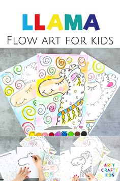 the llama coloring book is shown with hands on top of it and text overlay that reads llama flow art for kids