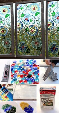 stained glass window with flowers and leaves on it, next to the instructions for how to make