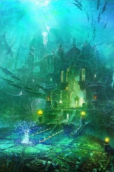 an underwater city with lots of lights and water