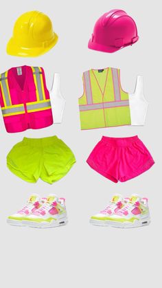 a group of children's construction gear including safety vests, hard hats and shorts