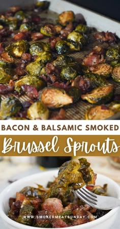 bacon and balsamic smoked brussels sprouts in a white bowl with a fork