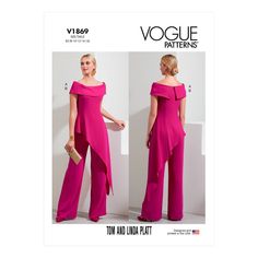 With the Vogue V1869 Sewing Pattern, you can create unique misses' tops and pants. Off-the-shoulder top, close-fitting through bust, has princess seams, asymmetric hem with side slit, stitched hems, invisible back zipper, and hook and eye closure. Wide leg pants, fitted through hips, have narrow waistband, back darts, invisible back zipper, hook and eye closure, and invisible hem. Spotlight has a huge selection of women's, men's, children's and craft sewing patterns that are waiting to be turned Invisible Hem, Pants Sewing, Vogue Sewing, Vogue Sewing Patterns, Vogue Pattern, Vogue Patterns, Pantalon Large, Asymmetrical Tops, Petite Tops