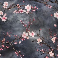 pink flowers are blooming on the branches of trees in front of a cloudy sky