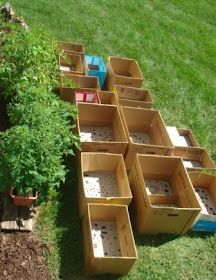 several boxes are stacked on top of each other in the grass next to a tree