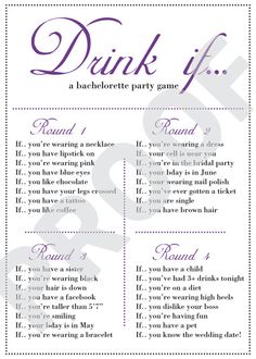 a purple and white drink list for a bachelor party with the words'drink if'written on it