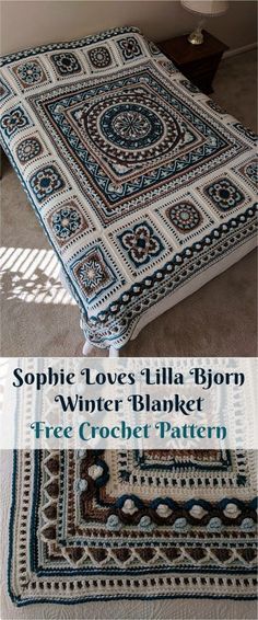 two pictures of a blanket on the floor with text overlay that reads, sopic loves'illa - bloom winter blanket free crochet pattern