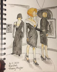 a drawing of three women standing in front of a mirror