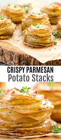 crispy parmesan potato stacks on a cutting board