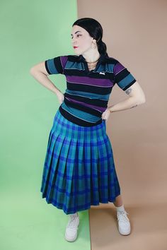 Women's vintage 1980's Miss Pendleton, Made in USA label midi length pleated wool plaid print skirt in blue, green, and pink colors. Plaid Print Skirt, Blue And Green Plaid, Live Forever, Wool Skirt, Green And Pink, Wool Skirts, Print Skirt, Green Plaid, Wool Plaid