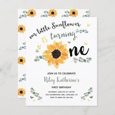 a sunflower birthday party card with the words, or little sunflower turning one