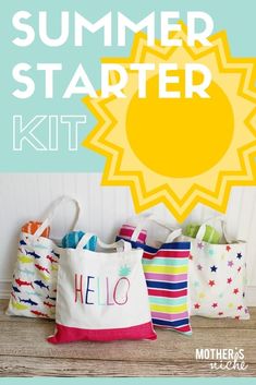 three bags with the words summer starter kit written on them in front of a sun