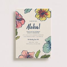 a floral wedding card with the word aloha on it in blue, pink and yellow