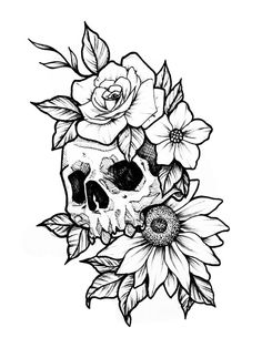 a black and white drawing of a skull with flowers