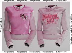 two pink sweaters with hello kitty on the front and back, all in different colors