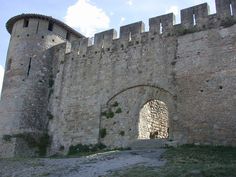 an old stone castle with a gate leading into the distance and grass growing on the ground