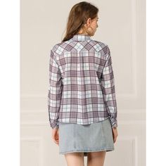 The long sleeve button-up shirt accentuates a fashionable feminine style o bright days. Patterned in classic plaid, this button-front shirt is an effortless casual go-to. The relaxed fit is comfortable and lets you wear it tucked in or hanging out. Pair it with your favorite jeans or denim skirt to create a casual or feminine look. This versatile shirt is perfect for various occasions, including shopping, work, weekend gatherings, and daily casual wear. Made from 100% polyester, it offers a ligh Casual Plaid Tops With Placket, Plaid Long-sleeve Top With Button Closure, Plaid Long Sleeve Top With Button Closure, Long Sleeve Plaid Shirt With Placket, Plaid Long Sleeve Shirt With Placket, Spring Casual Flannel Work Shirt, Spring Casual Flannel Workwear Shirt, Spring Casual Workwear Flannel Shirt, Spring Flannel Shirt With Relaxed Fit