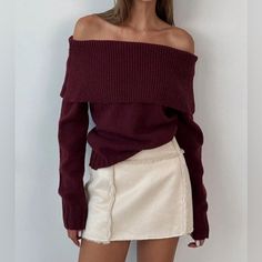 Off-The-Shoulder Pullover Sweaterwhere Laid-Back Luxe Meets Effortless Charm. Crafted From The Softest Knit Fabric, This Sweater Drapes Beautifully With Its Relaxed Fit And Off-The-Shoulder Neckline, Offering A Peek Of Playfulness. The Subtle Ribbed Detailing And Slightly Ballooned Sleeves Add A Touch Of Elegance, Making It Perfect For Cozy Nights Or Casual Outings. Pair It With Jeans For A Chic Day Look Or Dress It Up With A Skirt For Evening Ease. Medium Stretch Off The Shoulder Neckline Soft Off The Shoulder Knit, Recycled Sweater, Pull Over Sweater, Easy Winter Outfit, Tops Long Sleeve, Long Sleeve Pullover Sweater, Long Sleeve Knit Sweaters, Knit Tops, Winter Outfits Women