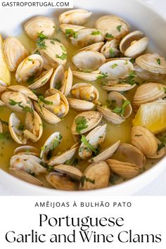 portuguese garlic and wine clams in a white bowl